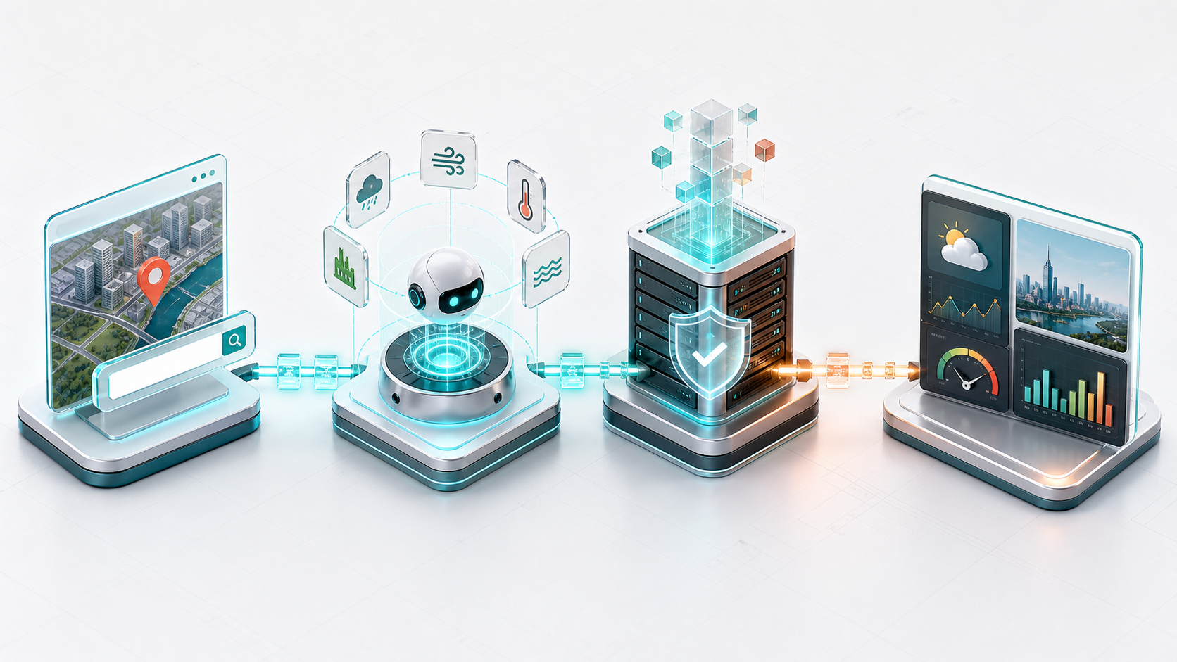 System architecture showing Codex Sites and QVeris integration. A phone with map/position icon (left), a robot surrounded by weather/map/chart icons (middle), and a server with shield/tick (right), followed by a phone with weather charts. This visualizes the flow: backend uses search_id to execute tools, consolidates data, and sends sanitized results to the browser without exposing credentials.