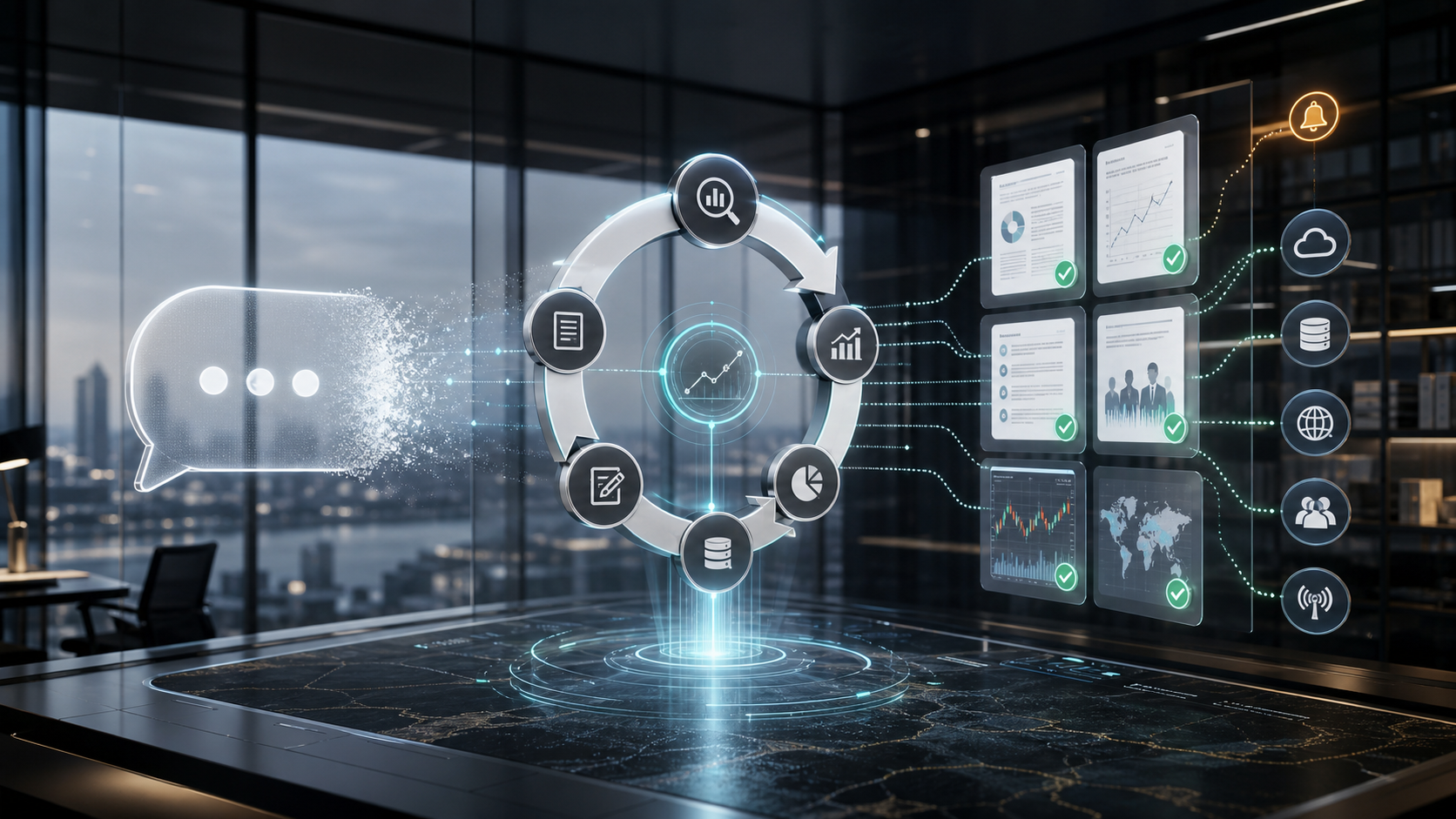 Image showing an investment research workflow. A ring with charts sits in the center, surrounded by icons representing news, price, trading volume, industry data, competitor moves, and other sources. Four documents with green checkmarks appear on the right, showing different data charts. A dialogue bubble appears on the left, with a modern office and city view in the background. The image closely matches the context by presenting the cycle of information acquisition, analysis, and application in investment research workflows.
