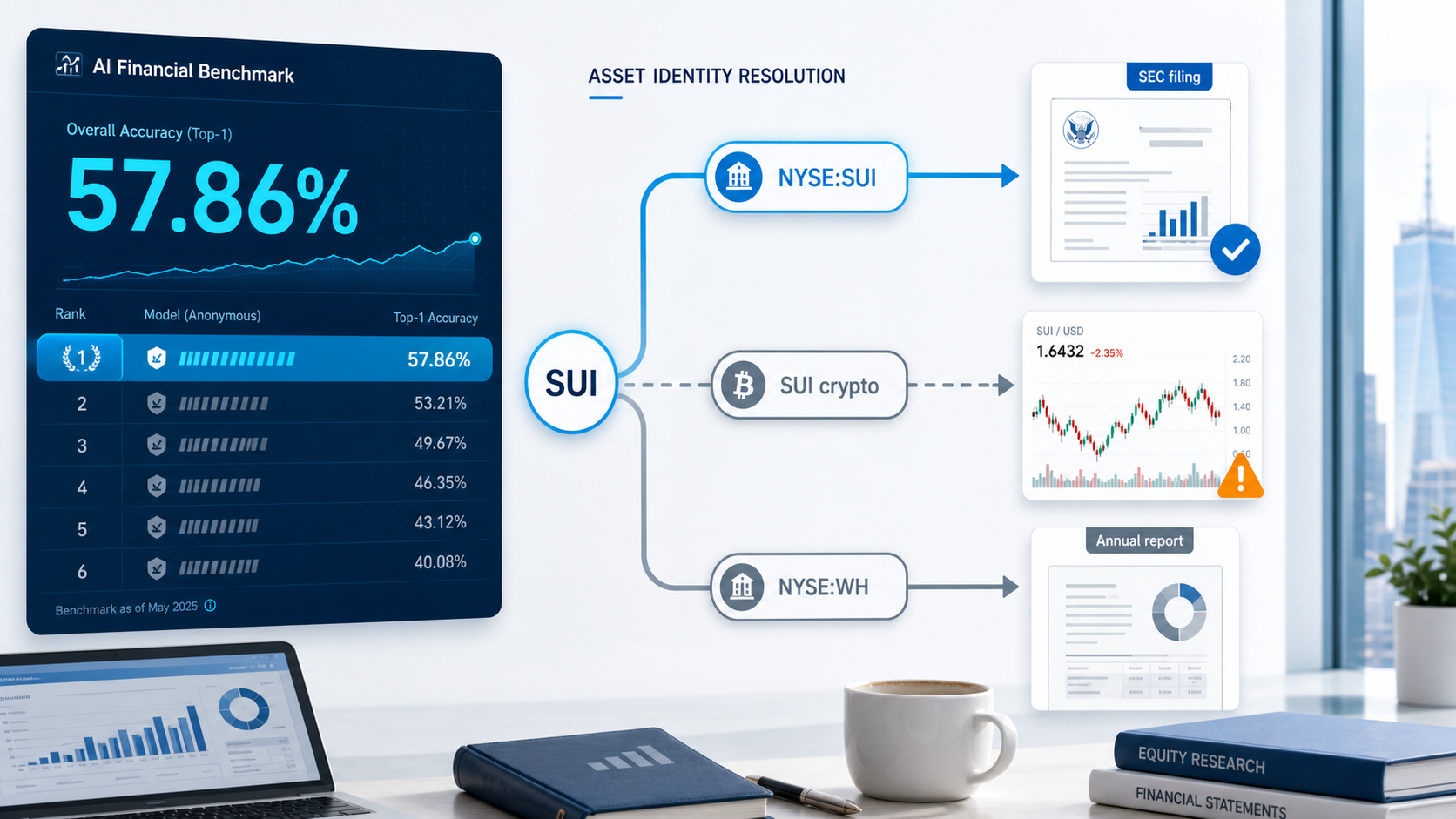 The picture shows the financial agent asset identification link. The left side shows that the overall accuracy of AI Financial Benchmark is 57.86%, and the model ranking is 1. In the middle is the asset identification process. SUI can point to assets such as NYSE:SUI, SUI crypto, and NYSE:WH. The right side presents SEC filing, 5/1/USD, Annual report and other contents, with charts and text explanations. The diagram is closely related to the context and visually presents the workflow of the financial agent that needs to lock the asset identity, market boundaries, tool selection and field definition before reasoning.