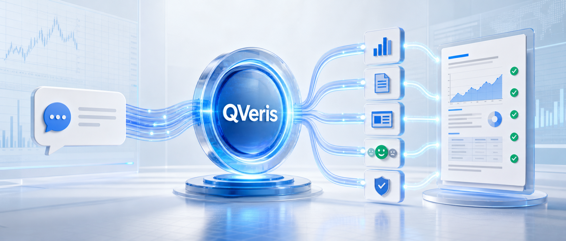The image depicts the QVeris platform's operational scenario. Centered is a blue ring bearing the "QVeris" logo, surrounded by blue light bands connecting multiple icons including charts, documents, tables, smileys, chat bubbles, and checkmarks. A chat bubble icon appears on the left, while a display screen showing charts and textual information is on the right. The background features a blue gradient with chart and data elements. This image closely relates to the context, intuitively presenting the scene where Financial Skill integrates with QVeris to connect real capabilities and generate auditable results.