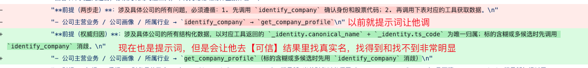The screenshot shows an update to the "must" rule in the Prompt. The upper red box changes the premise from first calling identify_company to confirm identity and stock ticker into first calling identify_company, confirming identity and ticker, and then calling the corresponding tool in the table. The lower green box changes company business/profile/industry instructions from first calling identify_company and then get_company_profile into calling identify_company first, then get_company_profile, with disambiguation through identify_company when the target is vague or has multiple candidates.