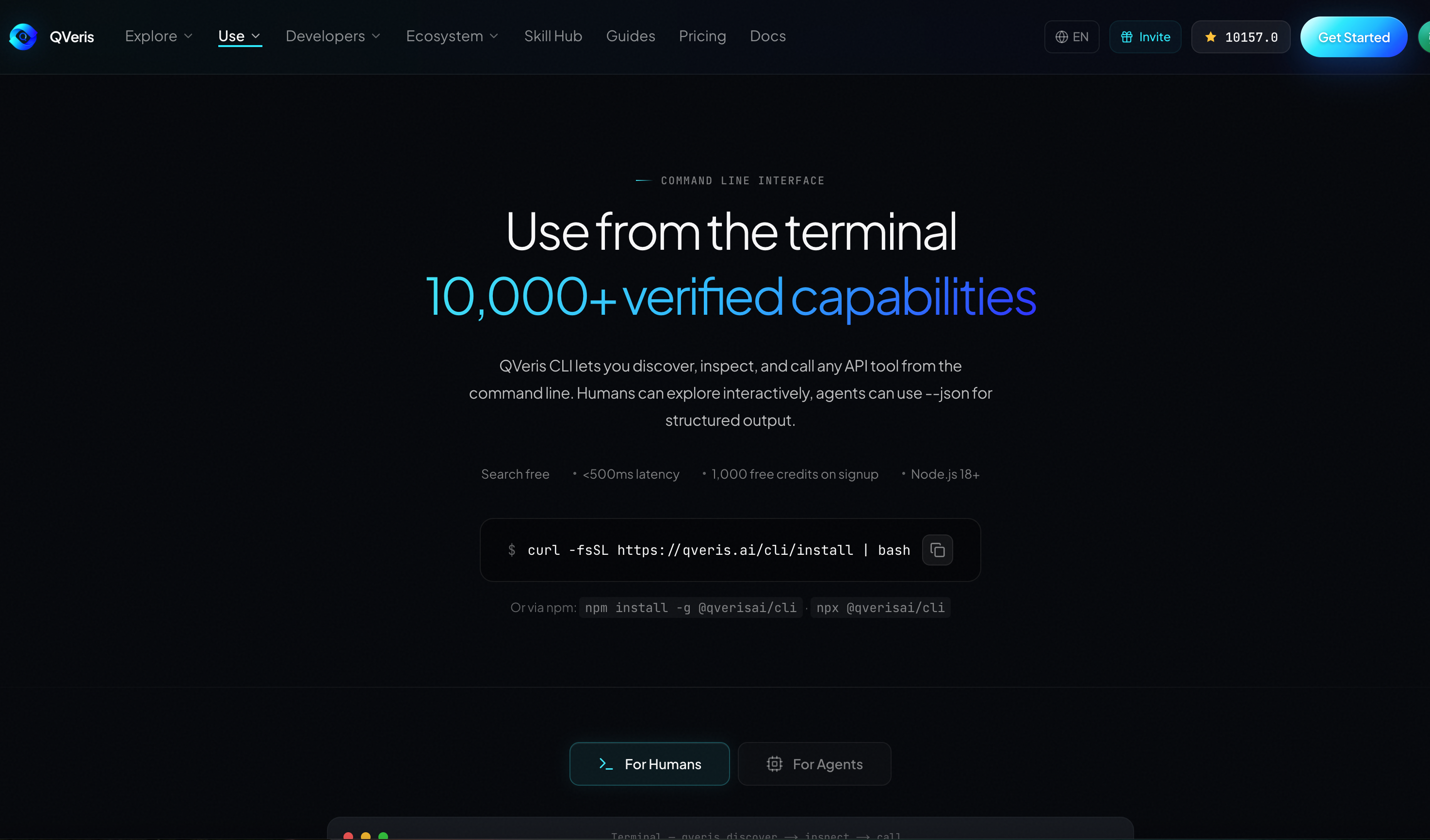 The QVeris Use page, showing terminal-based QVeris CLI usage and emphasizing discovery, inspection, and calling across 10,000+ verified capabilities.
