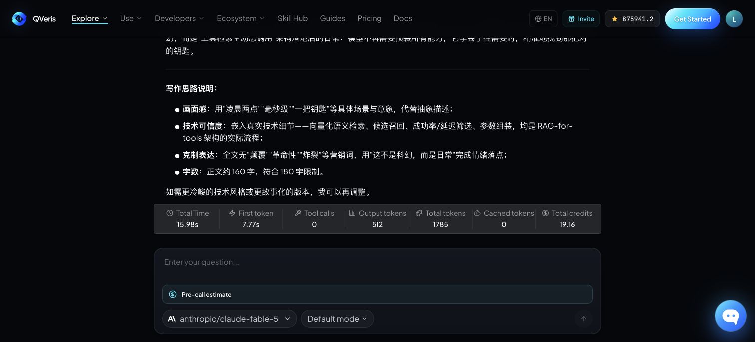 The image shows QVeris.ai Playground interface for content creation. The top navigation allows module selection. Below, a writing rationale explains vivid imagery, technical credibility, restrained expression, and character limits. The center input field prompts the question. The bottom shows estimated calls, tool calls, output tokens, and a "Pre-call estimate" section for model and mode selection. This image aligns with the "how to replicate these cases" section.