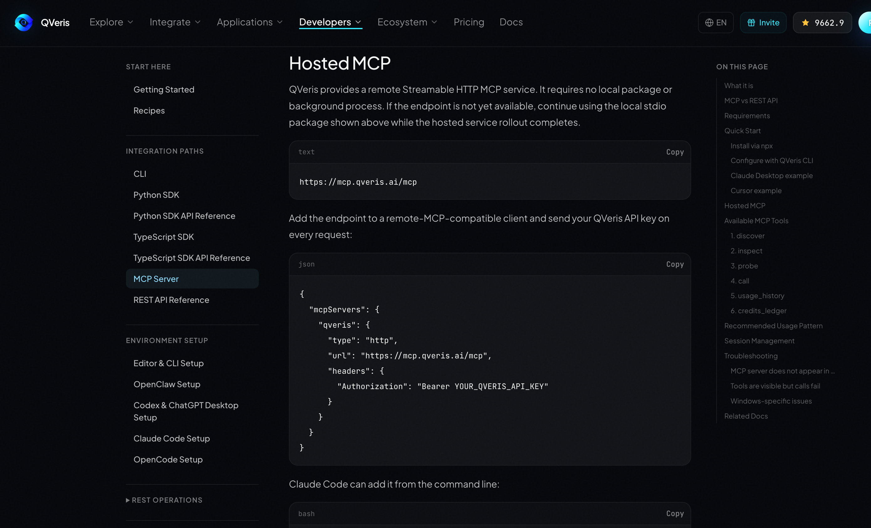 The QVeris official Hosted MCP page. Its top navigation includes Explore, Integrate, and Applications. The main content introduces Hosted MCP as a remote Streamable HTTP MCP service that requires no local package or background process, with a local studio package as a fallback if the endpoint is not ready. On the right is an "ON THIS PAGE" outline, and below is a JSON configuration example with endpoint, type, url, and headers, where the headers section includes an "Authorization" field for the QVeris API key.