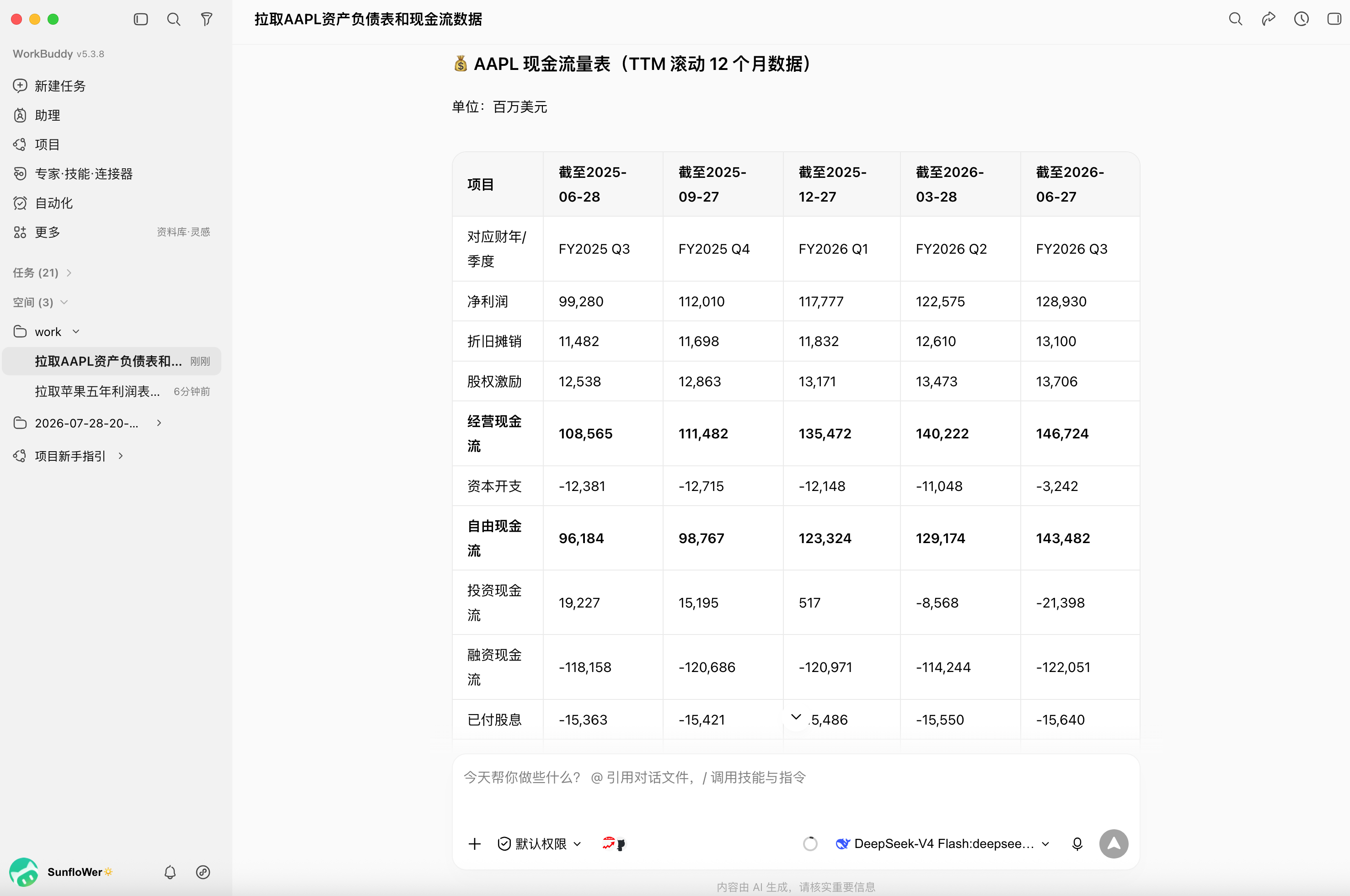 A publicly tested QVeris AAPL cash flow statement result, corresponding to Figure 4, with the key redacted. The table labels AAPL cash flow as TTM rolling 12-month data in millions of USD, covering periods through 2025-09-28 and 2025-09-27, and shows values for net income, depreciation and amortization, operating cash flow, and other line items.
